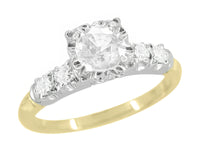 Mid Century Mixed Metal Diamond Engagement Ring in Two Tone 14 Karat White and Yellow Gold