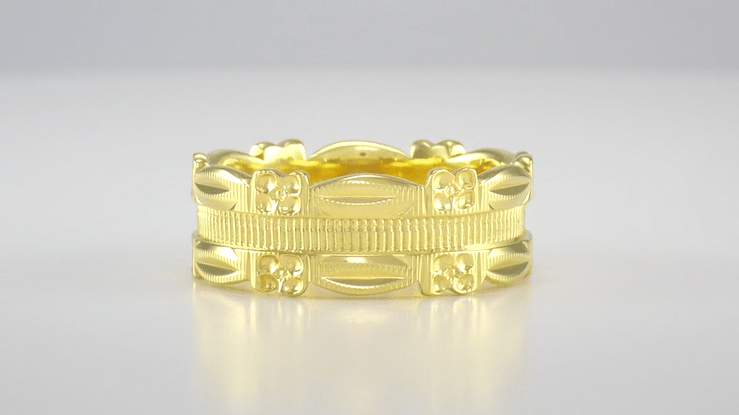 1950's Pansy Flowers Vintage Style Wide Wedding Ring in Yellow Gold - 7mm Wide - Item: R978Y10 - Image: 3