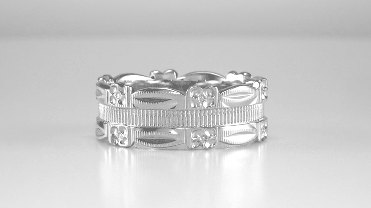 1950's Pansy Flowers Vintage Design Wedding Band in White Gold - 7mm Wide - Item: R978W10 - Image: 4