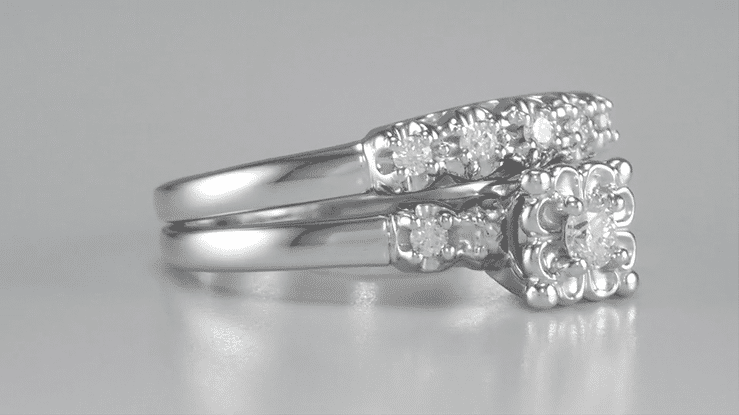 1950's Retro Moderne Lucky Clover Diamond Engagement Ring and Wedding Ring Set in 14K White Gold - Item: R674S-LC - Image: 7