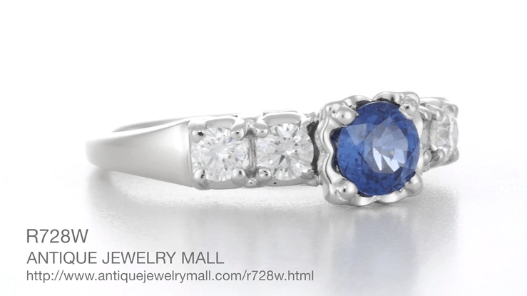 1950's Vintage Inspired Cornflower Blue Sapphire Engagement Ring in 14 Karat White Gold with Diamonds - Item: R728W - Image: 7