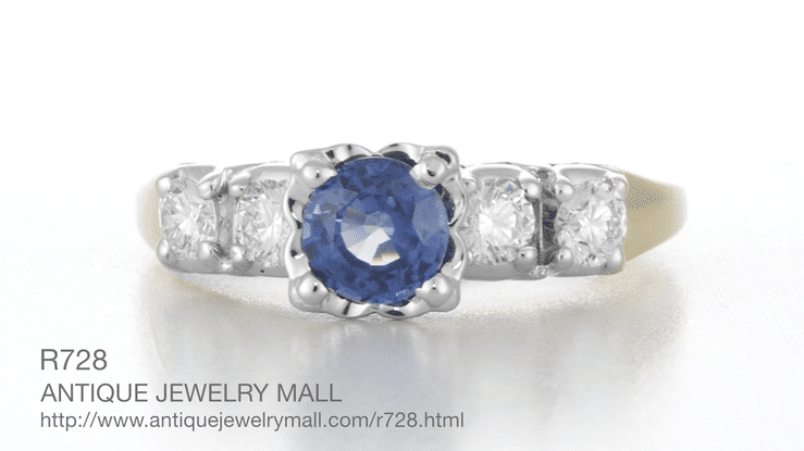 1950's Vintage Style Mid Century Cornflower Blue Sapphire Engagement Ring with Side Diamonds in Mixed Metal 14K Yellow & White Gold - Item: R728 - Image: 8