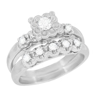 1950's Retro Moderne Lucky Clover Diamond Engagement Ring and Wedding Ring Set in 14K White Gold
