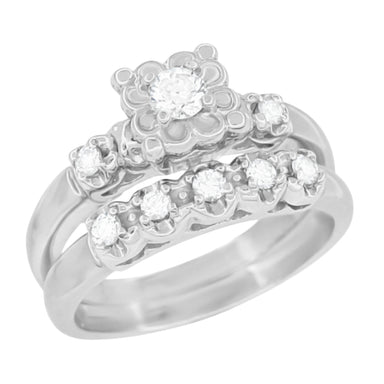 1950's Retro Moderne Lucky Clover Diamond Engagement Ring and Wedding Ring Set in 14K White Gold