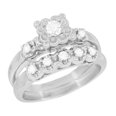 1950's Retro Moderne Lucky Clover Diamond Engagement Ring and Wedding Ring Set in 14K White Gold