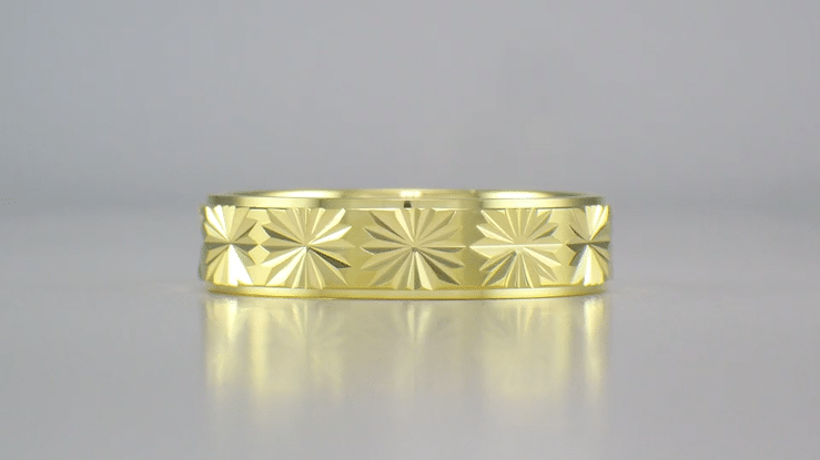 1960's Mid Century Modern Carved Stars Yellow Gold Flat Wedding Band - 5mm Wide - Item: R259Y10 - Image: 7