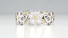 1960's Style Cocoa Brown Diamond, Yellow Diamond, and White Diamond Floral Wedding Band in 14K White Gold