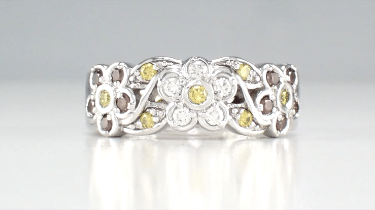 1960's Style Cocoa Brown Diamond, Yellow Diamond, and White Diamond Floral Wedding Band in 14K White Gold - Item: R649WD - Image: 5