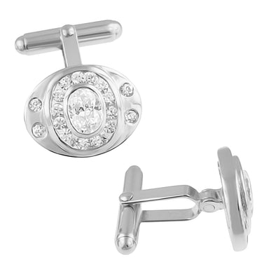 1970's Style Classic Oval Cufflinks Set with Cubic Zirconia ( CZ ) Gemstones in Solid Sterling Silver