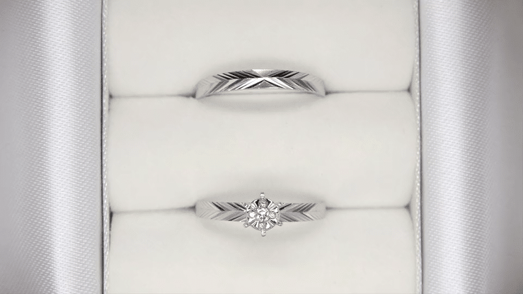 1970's Radiant Chevrons Vintage Bridal Set with Solitaire Diamond Engagement Ring and Wedding Band in 10 Karat White Gold - Item: R687 - Image: 2