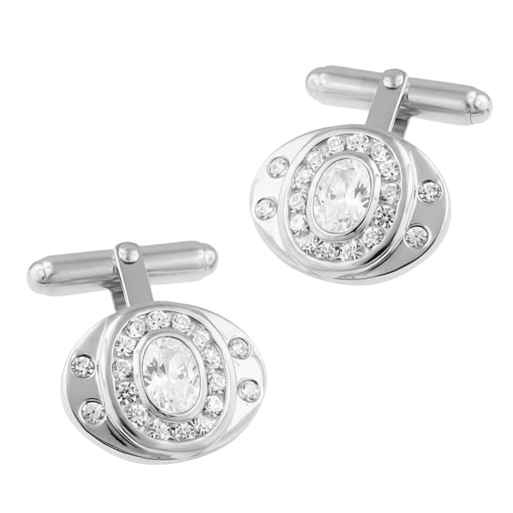 1970's Style Classic Oval Cufflinks Set with Cubic Zirconia ( CZ ) Gemstones in Solid Sterling Silver - Item: SCL185 - Image: 2