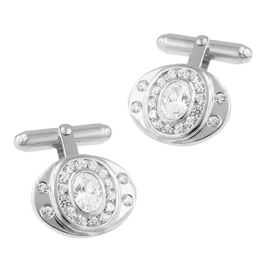 1970's Style Classic Oval Cufflinks Set with Cubic Zirconia ( CZ ) Gemstones in Solid Sterling Silver - alternate view