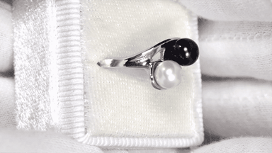 1970's White and Black Pearl Yin and Yang Bypass Ring in White Gold - 10K or 14K - alternate view