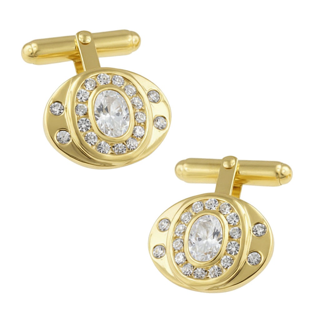 1970’s Style Classic Oval Cufflinks with Cubic Zirconia in Yellow Gold Finish over Sterling Silver