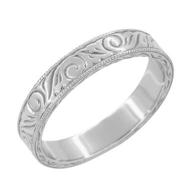 Men's Art Deco Scrolls Engraved 4mm Wide Wedding Band in Platinum - alternate view