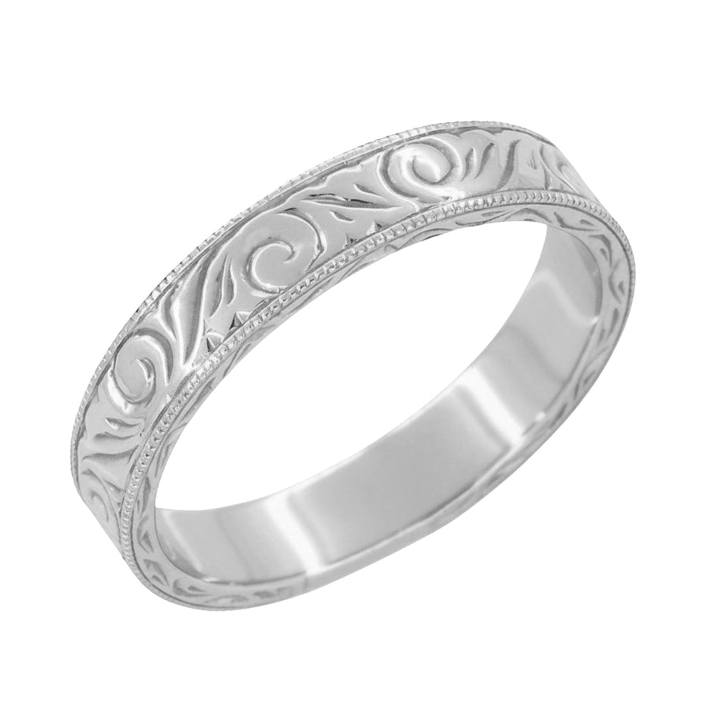 Men's Art Deco Scrolls Vintage Engraved Wedding Band in 10, 14 or 18 Karat White Gold - 4mm Wide - Item: WR199MW10 - Image: 3