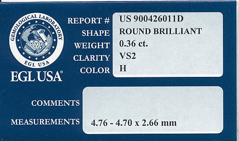 0.36 Carat H Color VS2 Clarity Loose Round Natural Diamond | EGL USA Report - Item: D234 - Image: 2