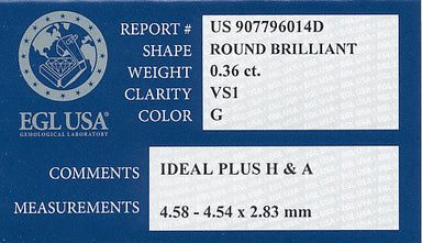 0.36 Carat Ideal Cut Hearts and Arrows Natural Loose Round Diamond G Color VS1 Clarity with EGL USA Report | Gorgeous! - alternate view