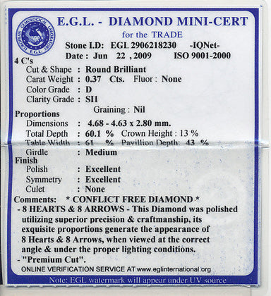 0.37 Carat D Color SI1 Clarity Loose Round  Diamond | Gorgeous and Eye Clean | EGL Report - alternate view