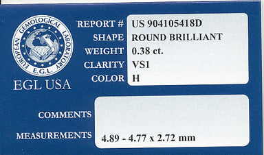 0.38 Carat Natural VS1 Clarity Loose Round Diamond H Color | EGL USA Report - alternate view