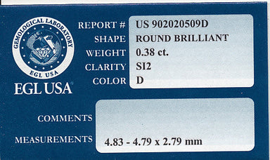 0.38 Carat D Color SI2 Clarity Natural Loose Round Diamond - 100% Eye Clean - EGL USA - alternate view