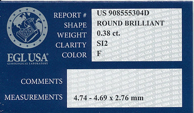 0.38 Carat F Color SI2 Clarity Loose Diamond with EGL USA Report - Good Symmetry - alternate view
