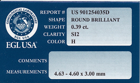 0.39 Carat H Color Diamond SI2 Clarity with EGL USA Report | Good Cut - Item: D274 - Image: 2