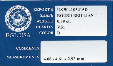 0.39 Carat D Color VS1 Clarity with EGL USA Report | Loose Round Diamond - alternate view