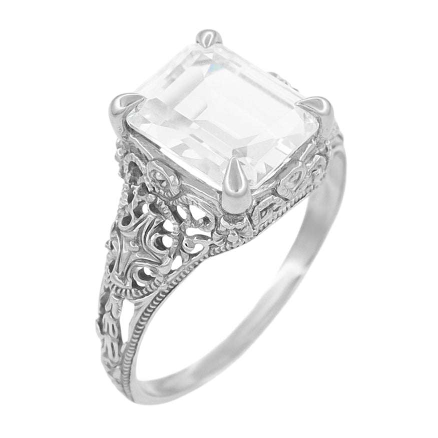 4 Carat Emerald Cut Lab Grown Diamond Edwardian Vintage-Inspired Engagement Ring in 14 Karat White Gold - Item: R618WD - Image: 4