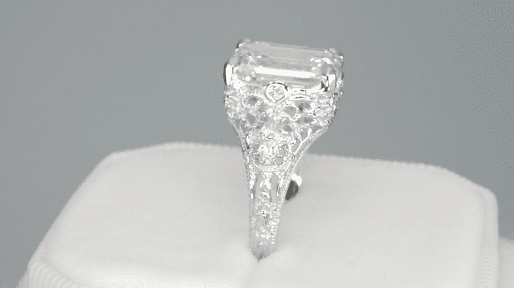 4 Carat Emerald Cut Lab Grown Diamond Solitaire Edwardian Filigree Engagement Ring in Platinum - Item: R618PD-LC - Image: 6