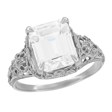 4 Carat Emerald Cut Lab Grown Diamond Solitaire Edwardian Filigree Engagement Ring in Platinum