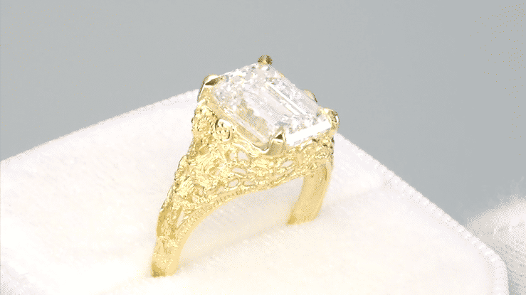 4 Carat Lab Grown Emerald Cut Diamond Solitaire Edwardian Filigree Vintage Style Engagement Ring in Yellow Gold - Item: R618YD-LC - Image: 6