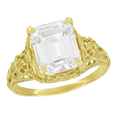 4 Carat Lab Grown Emerald Cut Diamond Solitaire Edwardian Filigree Vintage Style Engagement Ring in Yellow Gold