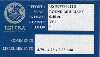 0.40 F Color VS1 Clarity Loose Round Natural Diamond with EGL Report - alternate view