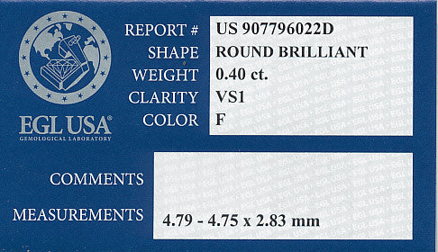 0.40 F Color VS1 Clarity Loose Round Natural Diamond with EGL Report - Item: D559 - Image: 2