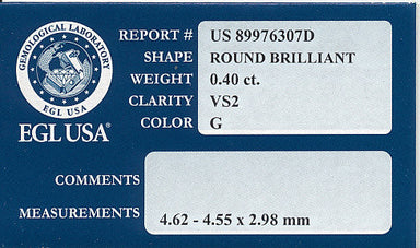 0.40 Carat Loose Round Brilliant Natural Diamond G Color VS2 Clarity with EGL USA Report 4.5mm - alternate view