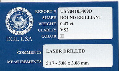0.47 Carat H Color VS2 Clarity Round Very Good Polish | Laser Enhanced Affordable Natural Loose Diamond | EGL USA - alternate view