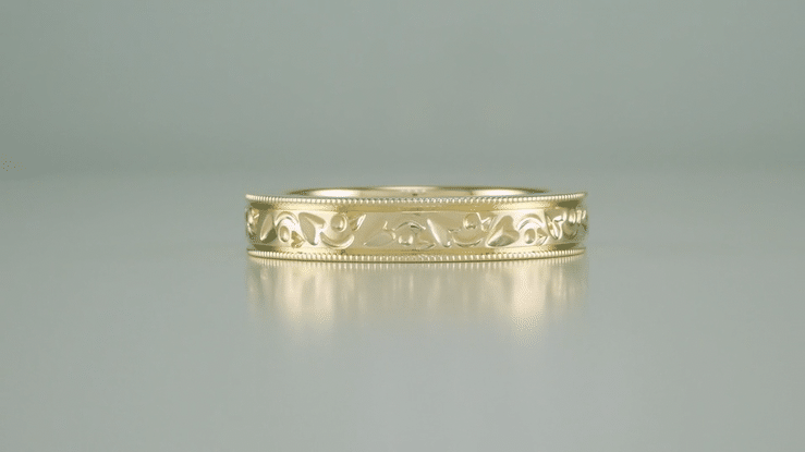 Art Deco Carved Flowers and Leaves Millgrain Edged Vintage Style Yellow Gold Wedding Band - 4mm - Item: R1160Y18-10 - Image: 5