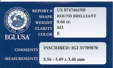 Natural 0.66 Carat Loose E Color SI3 Clarity Round Brilliant Cut Diamond with EGL USA Report Very Good Symmetry - alternate view
