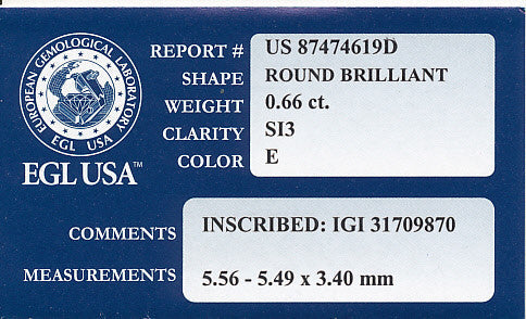 Natural 0.66 Carat Loose E Color SI3 Clarity Round Brilliant Cut Diamond with EGL USA Report Very Good Symmetry - Item: D152 - Image: 2