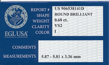 Natural 0.68 Carat Loose Round Brilliant Cut Diamond I Color VS2 Clarity with EGL USA Report - alternate view