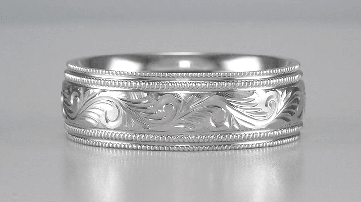Men's Art Deco Hand Engraved Vintage Scrolls Double Millgrain Edge 7mm Wide Wedding Band in White Gold - Item: R1158W10 - Image: 4