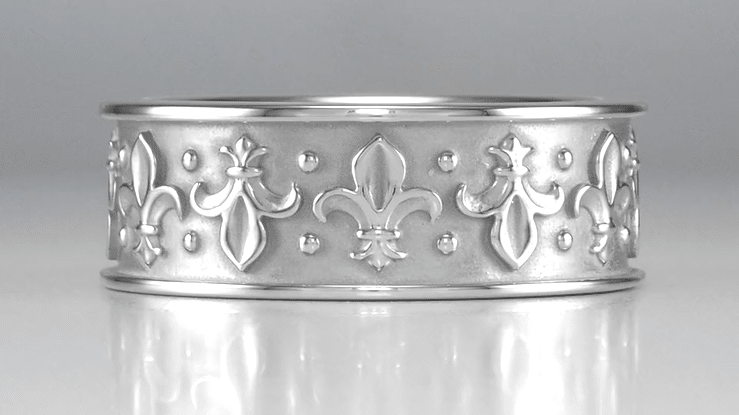 8mm Wide Vintage Fleur-de-Lis Wedding Band Ring Design in 14 Karat White Gold - Item: R840 - Image: 2