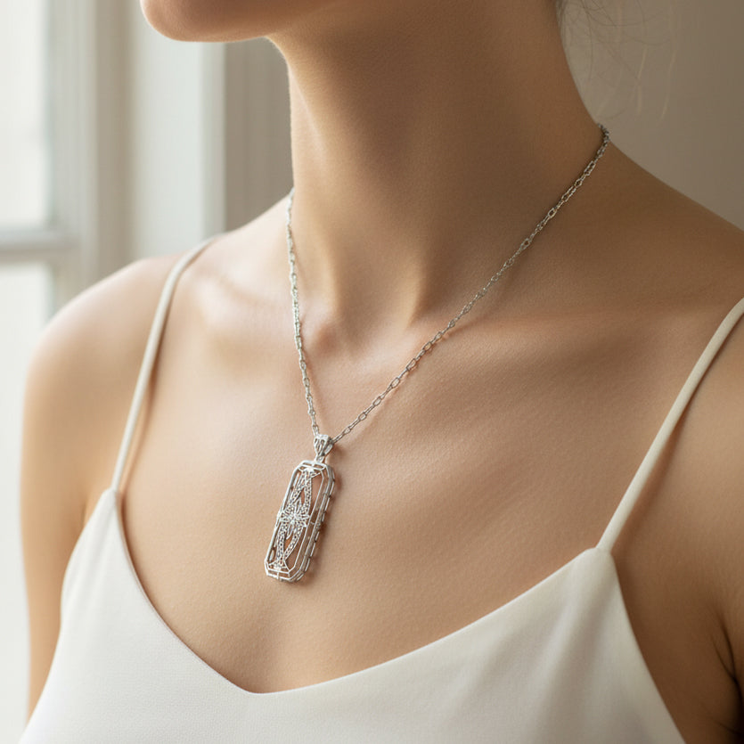 Art Deco Filigree Ichthus Fish Diamond Necklace in Sterling Silver - Vintage 1930's Design - Item: N161WD - Image: 5