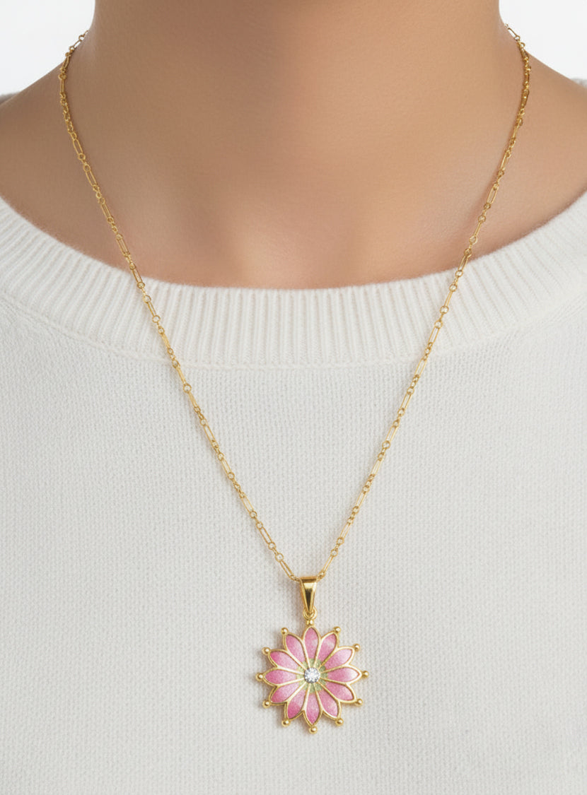 Antique 1910 Design Art Nouveau Plique a Jour Enamel Pendant Necklace with White Sapphire in Yellow Gold Vermeil over  Sterling Silver - Item: P121Y - Image: 5