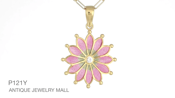 Antique 1910 Design Art Nouveau Plique a Jour Enamel Pendant Necklace with White Sapphire in Yellow Gold Vermeil over  Sterling Silver - Item: P121Y - Image: 7