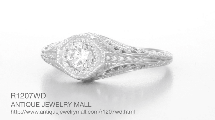 Art Deco 0.27 Carat Diamond Sunflowers Filigree Solitaire Engagement Ring in 14 Karat White Gold - Item: R1207WD - Image: 4