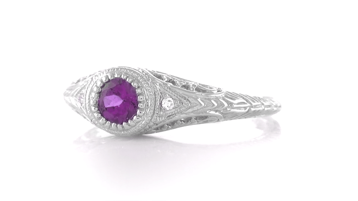 Art Deco Amethyst and Diamond Filigree Platinum Engraved Engagement Ring - Item: R138PAM - Image: 6
