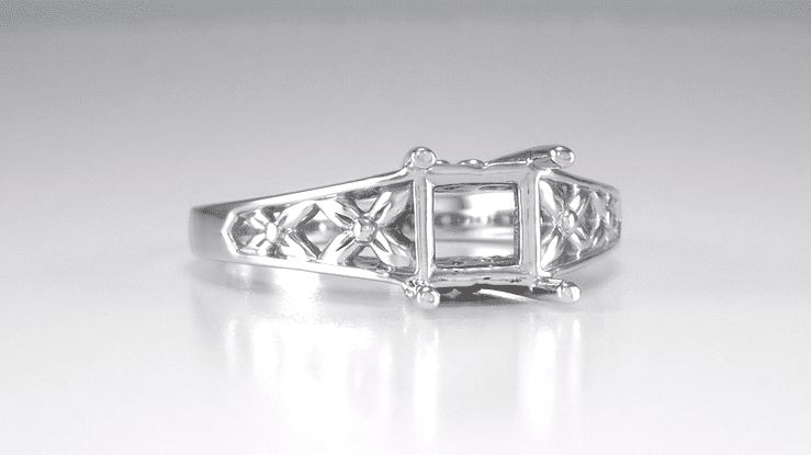 Antique Style Art Nouveau Filigree Engagement Ring Setting for a 1 Carat Princess, Radiant, Asscher or Cushion Cut Diamond in 14K or 18K White Gold - Item: R989PR - Image: 6