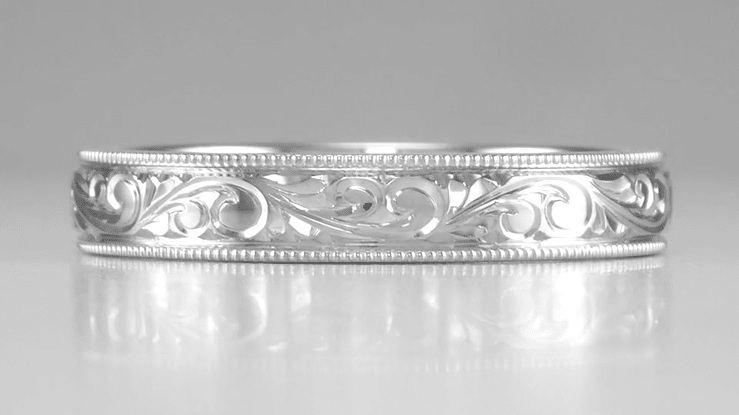 Antique Carved Acanthus Design Victorian Men's Wedding Band in White Gold - 4mm - Item: R1235MW - Image: 5